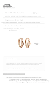Detailed specs of S925 silver hoop earrings with dimensions and materials info