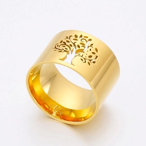 Polished gold Tree of Life hollow stainless steel wide band ring for women