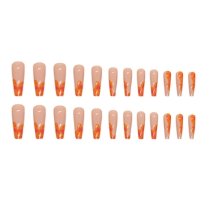 Long coffin fake nails with orange graffiti and sweet heart patterns for women