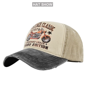 Detail of vintage motorcycle baseball cap with distressed brim and mesh panels