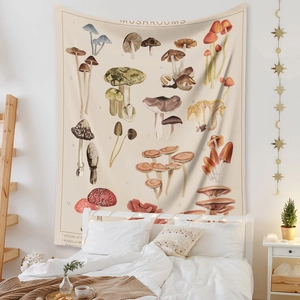 Detailed vintage botanical mushroom tapestry hung as a decorative bedroom wall backdrop