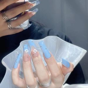 Coffin Press On Nails Long French Light Blue Fake Nails With 3D Flower Rhinestone Artificial Pearl Decoration Glossy Manicure