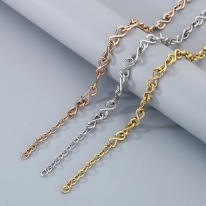 Detailed view of S-link chains in rose gold, silver, and gold with lobster clasps