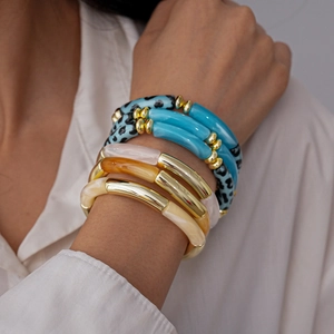 Acrylic Resin And Metal Tube Stacked Bracelet Set Bohemian Bamboo Joint Leopard Print Marbled Elastic Fashion Jewelry