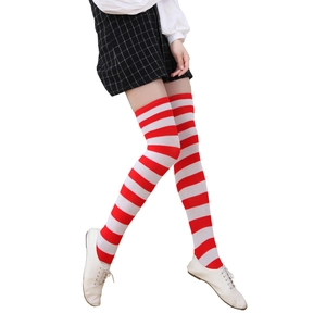 Knee-high red and white striped cotton stockings for women in Japanese anime style