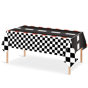 Racing car themed disposable table cover with track and checkered flag patterns