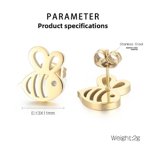 Detail view of 13x11mm golden stainless steel bee stud earrings with size parameters