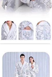 Detail of silver gray jacquard plush bathrobe showing the collar and floral embossed texture