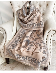 Detail of cashmere-style shawl with paisley bird patterns and soft tassel edges