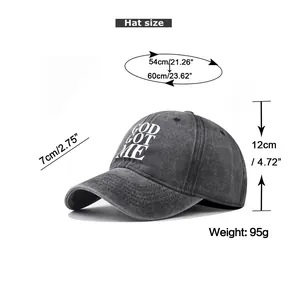 Size guide for washed cotton baseball cap with God Got Me embroidery and dimensions