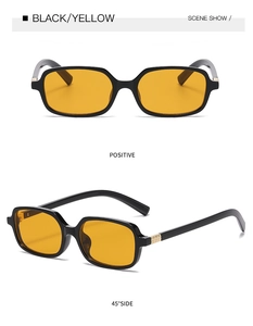 Modische schwarze rechteckige Sonnenbrille mit gelben Gläsern für Damen und Herren.