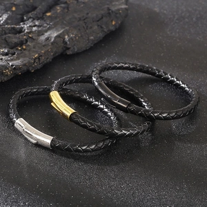 Men Braided Leather Bracelet Stainless Steel Magnetic Clasp Simple Woven Wristband Punk Trendy Minimalist Jewelry