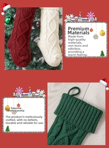 Close-up of cable-knit Christmas stockings in burgundy, ivory, and forest green fabric