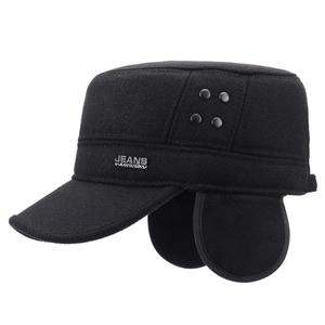 Men's winter thick wool flat top military cap with ear flaps and metal logo badge