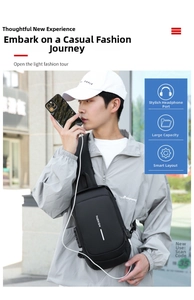 Detail view of water-resistant black crossbody bag with USB charging port and lock
