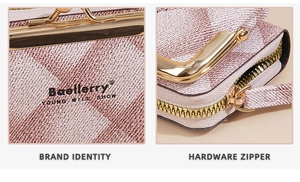 Detail showing the branded logo embossing and premium metal zipper of the pink checkered wallet