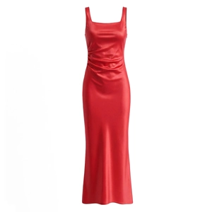 Elegant red satin midi dress with square neckline and side ruched detailing for women