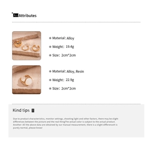 Detailed view of geometric resin rings with alloy material specs and product weight