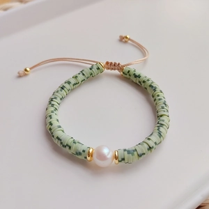 Bohemian multilayer beaded bracelet with natural pearl and green heishi clay discs