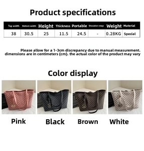 Detailed size chart for minimalist tote bag with dimensions and logo pendant details