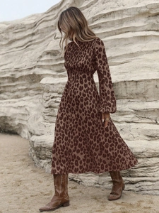 Leopard print long sleeve maxi dress with high neck and cinched waist on rocky background