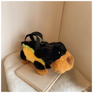 Detailed close-up of a plush puppy-shaped handbag featuring a creative hot dog costume design