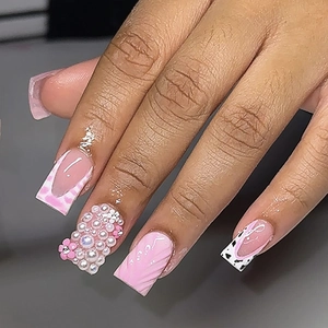 Pink 3D Water Ripple Press On Nails With Artificial Pearls And Flowers French Leopard Print Square Shape Fake Nails For Women