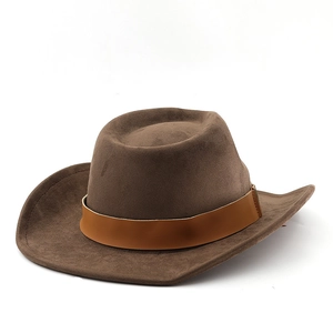 Detailansicht eines braunen Vintage-Cowboyhuts aus Filz mit hellem Lederband