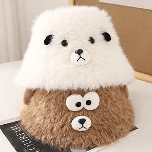 Cute lamb ear bucket hat in white and brown plush faux fur for winter warmth