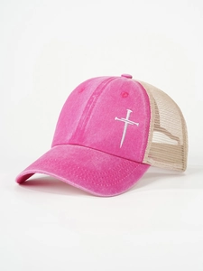 Detailed embroidery of white nail cross on rose pink washed mesh trucker hat