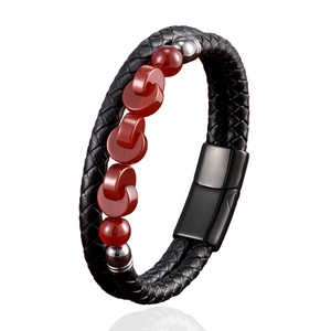 Double-layer black braided leather bracelet for men with red agate beads and magnetic clasp