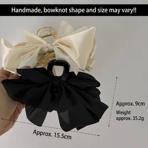 Elegant satin bow hair claw clip for women in cream and black 15.5cm large handmade hairpin