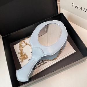 Luxury light blue hand mirror shaped handbag with baroque embroidery and pearl chain strap