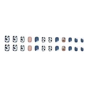 Press-on nail kit with cow print and blue abstract designs on 24 pieces set