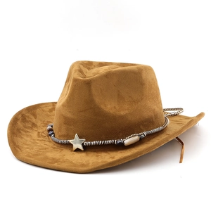 Detail of brown suede cowboy hat featuring star metal conchos and braided bead band