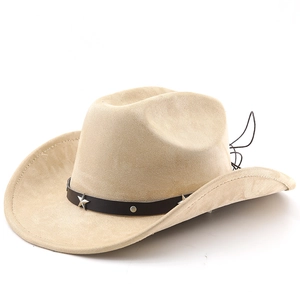 Detail of khaki western cowboy hat featuring star studs and black leather band decoration