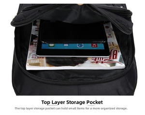 Detail view of the spacious front storage pocket with tablet and phone organization