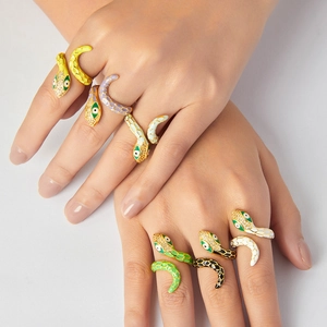 Snake shaped open ring in 18k gold plating with colorful enamel and zircon accents