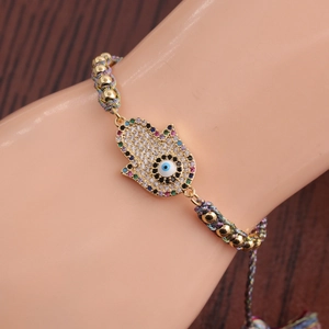 Bracelet Main de Fatma et Mauvais Œil avec zircons colorés et cordon ajustable