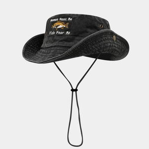 Outdoor fishing hat with fish embroidery, Women Want Me Fish Fear Me text in washed black