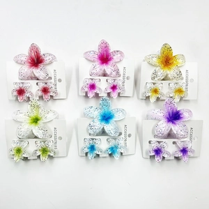 Detailed grid showing six sets of frangipani flower hair clips in various vibrant colors