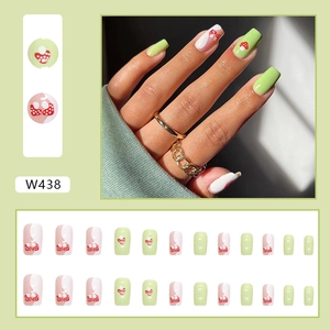 Green square press-on nails with cute hand-painted mushroom and fruit pattern 24pcs set