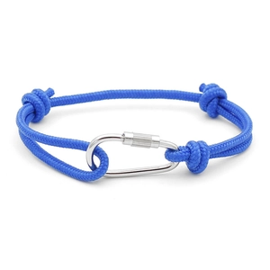 Detail of blue RPET cord bracelet featuring a silver metal carabiner clasp design