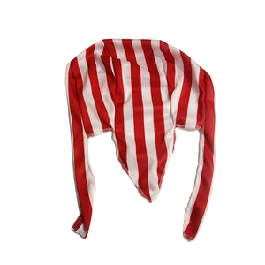 Close-up of breathable red and white striped pirate bandana with adjustable tie-back straps