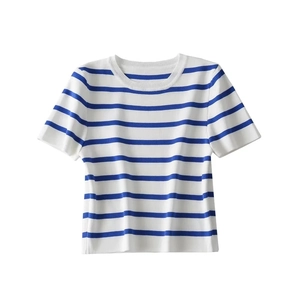 Slim fit women's blue and white striped short sleeve knit sweater with crew neck