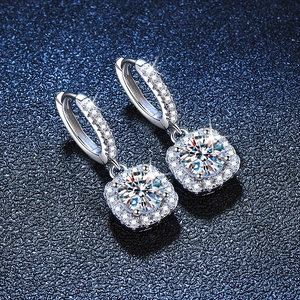 Classic S925 silver moissanite earrings with halo square drop design on blue background