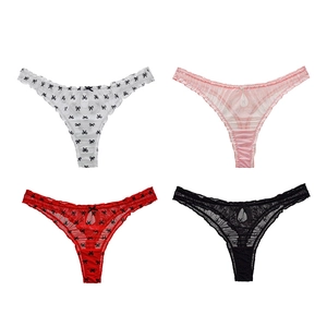 Lace thong underwear for women with ruffle edges and bow prints in four colors