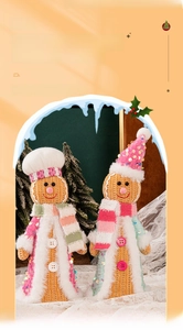 Detailed view of handmade knitted gingerbread man plush dolls with Christmas hats and scarves