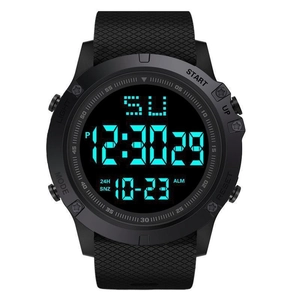 Black digital sports watch with textured rubber strap featuring date and alarm display