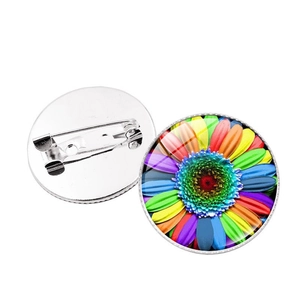 Détails avant et arrière de la broche en verre marguerite arc-en-ciel avec fermoir